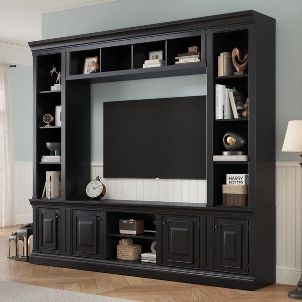 English Elm Vibe Haus Tall Farmhouse Entertainment Center with Hutch Open Shelving for Living Room Black N893S000025B