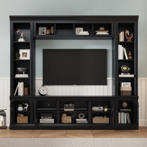 English Elm Vibe Haus Tall Farmhouse Entertainment Center with Hutch Open Shelving for Living Room Black N893S000025B