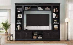 English Elm Vibe Haus Tall Farmhouse Entertainment Center with Hutch Open Shelving for Living Room Black N893S000025B
