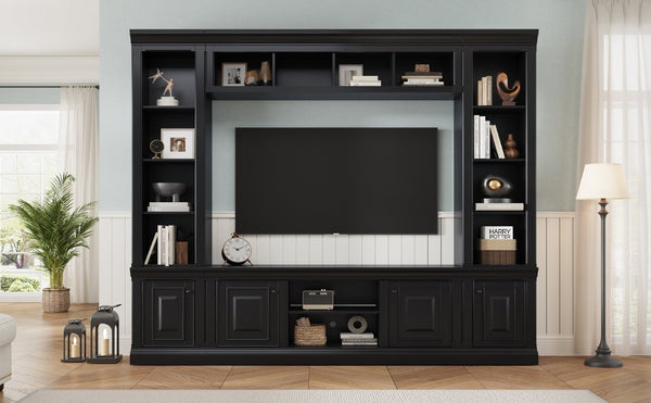 English Elm Vibe Haus Tall Farmhouse Entertainment Center with Hutch Open Shelving for Living Room Black N893S000025B