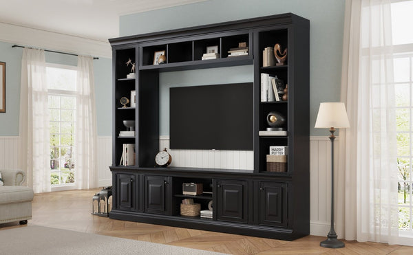 English Elm Vibe Haus Tall Farmhouse Entertainment Center with Hutch Open Shelving for Living Room Black N893S000025B