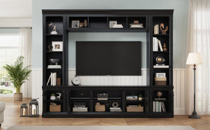 English Elm Vibe Haus Tall Farmhouse Entertainment Center with Hutch Open Shelving for Living Room Black N893S000025B
