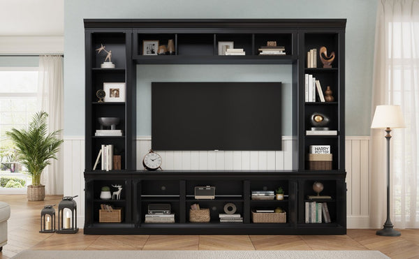 English Elm Vibe Haus Tall Farmhouse Entertainment Center with Hutch Open Shelving for Living Room Black N893S000025B