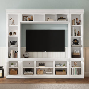 English Elm Vibe Haus Tall Farmhouse Entertainment Center with Hutch Open Shelving for Living Room White N893S000025K