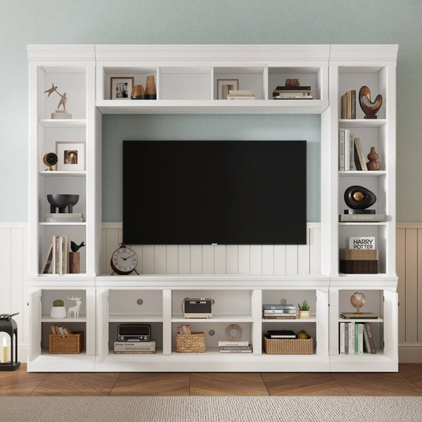 English Elm Vibe Haus Tall Farmhouse Entertainment Center with Hutch Open Shelving for Living Room White N893S000025K