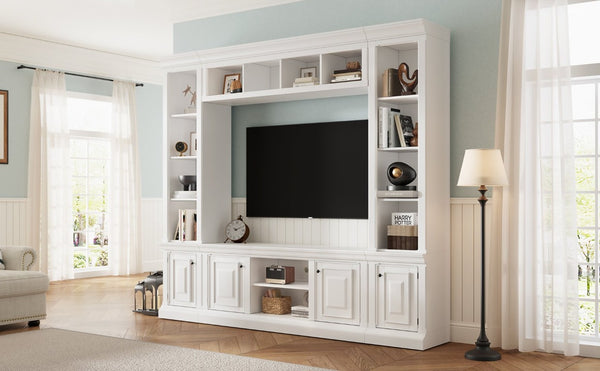 English Elm Vibe Haus Tall Farmhouse Entertainment Center with Hutch Open Shelving for Living Room White N893S000025K