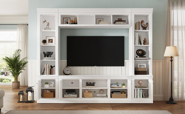 English Elm Vibe Haus Tall Farmhouse Entertainment Center with Hutch Open Shelving for Living Room White N893S000025K