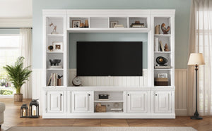 English Elm Vibe Haus Tall Farmhouse Entertainment Center with Hutch Open Shelving for Living Room White N893S000025K