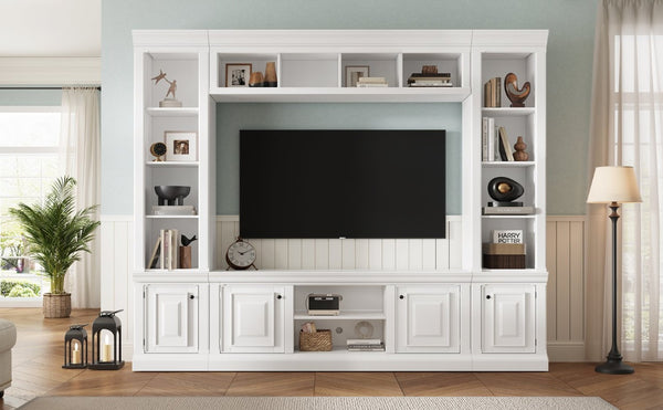 English Elm Vibe Haus Tall Farmhouse Entertainment Center with Hutch Open Shelving for Living Room White N893S000025K