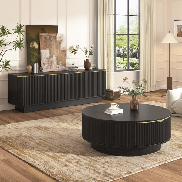 English Elm Vibe Haus Fluted Wood Living Room Set with Gold Hardware Storage Coffee Table Black N893S000026B