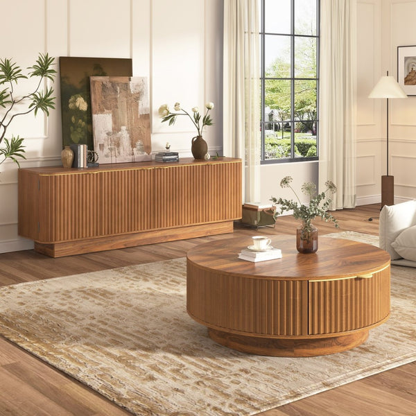 English Elm Vibe Haus Fluted Wood Living Room Set with Gold Hardware Storage Coffee Table Brown N893S000026D