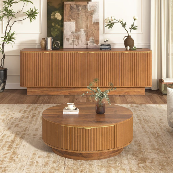 English Elm Vibe Haus Fluted Wood Living Room Set with Gold Hardware Storage Coffee Table Brown N893S000026D