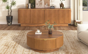 English Elm Vibe Haus Fluted Wood Living Room Set with Gold Hardware Storage Coffee Table Brown N893S000026D