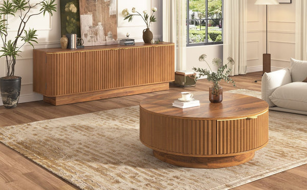 English Elm Vibe Haus Fluted Wood Living Room Set with Gold Hardware Storage Coffee Table Brown N893S000026D