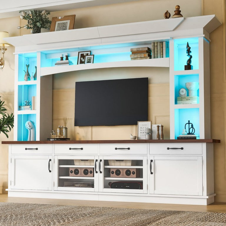 English Elm Vibe Haus Farmhouse Entertainment Center with LED Lighting and Glass Cabinet Doors White N893S000027K