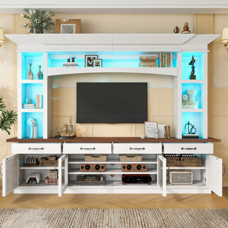 English Elm Vibe Haus Farmhouse Entertainment Center with LED Lighting and Glass Cabinet Doors White N893S000027K