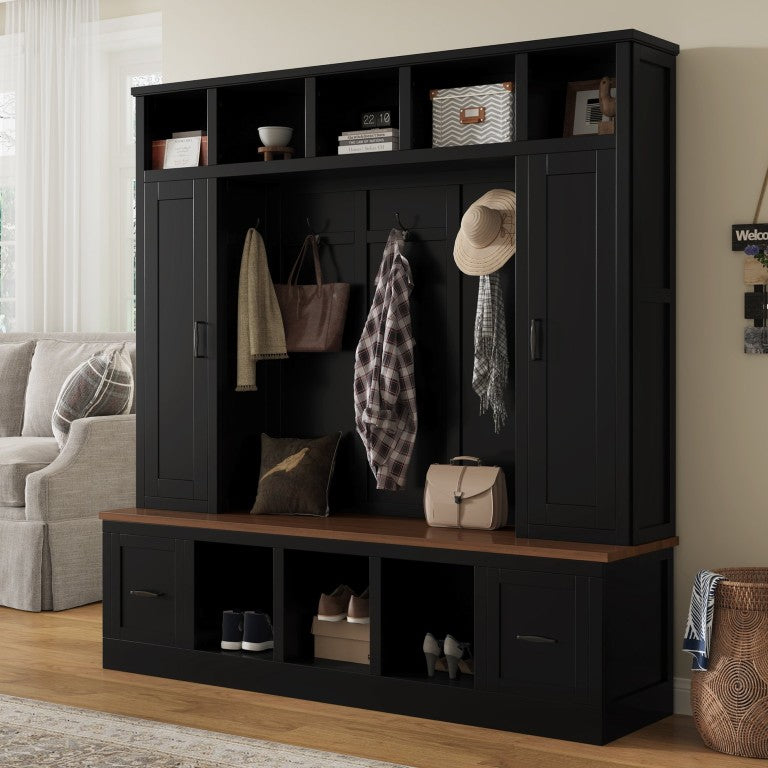 English Elm Vibe Haus Farmhouse Hall Tree with Bench Cubbies Drawers and Coat Hooks Entryway N893S000029B