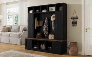 English Elm Vibe Haus Farmhouse Hall Tree with Bench Cubbies Drawers and Coat Hooks Entryway N893S000029B