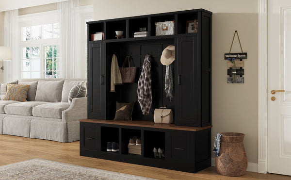 English Elm Vibe Haus Farmhouse Hall Tree with Bench Cubbies Drawers and Coat Hooks Entryway N893S000029B