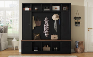 English Elm Vibe Haus Farmhouse Hall Tree with Bench Cubbies Drawers and Coat Hooks Entryway N893S000029B
