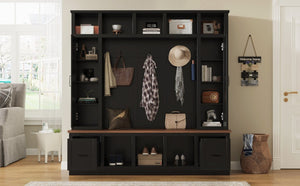 English Elm Vibe Haus Farmhouse Hall Tree with Bench Cubbies Drawers and Coat Hooks Entryway N893S000029B
