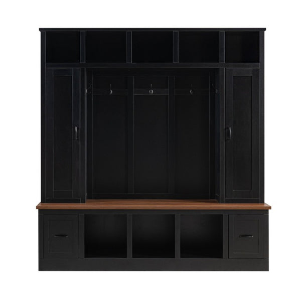 English Elm Vibe Haus Farmhouse Hall Tree with Bench Cubbies Drawers and Coat Hooks Entryway N893S000029B