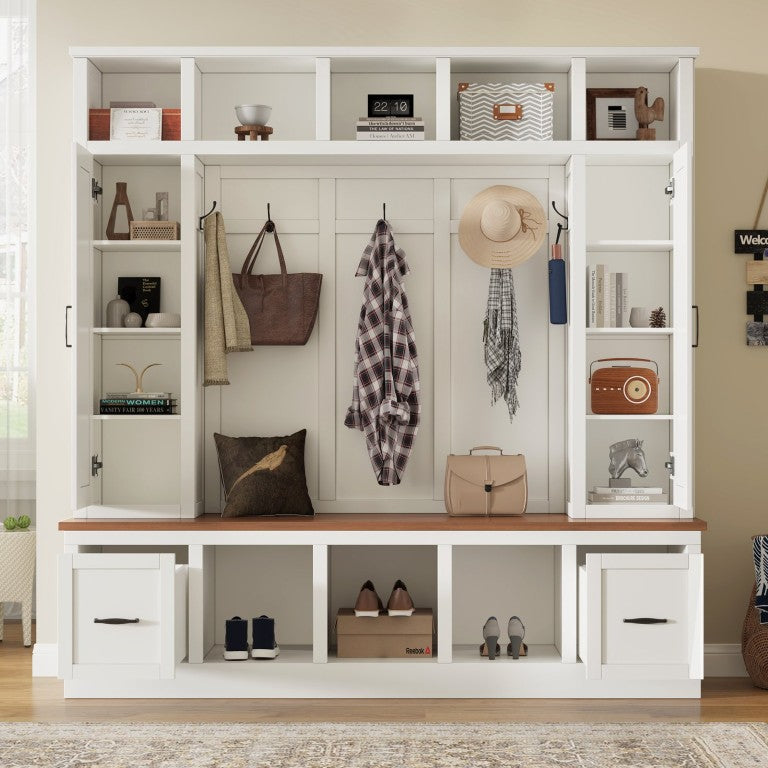 English Elm Vibe Haus Farmhouse Hall Tree with Bench Drawers Open Shelves and Coat Hooks White 72 inches N893S000029K