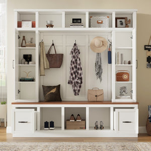 English Elm Vibe Haus Farmhouse Hall Tree with Bench Drawers Open Shelves and Coat Hooks White 72 inches N893S000029K