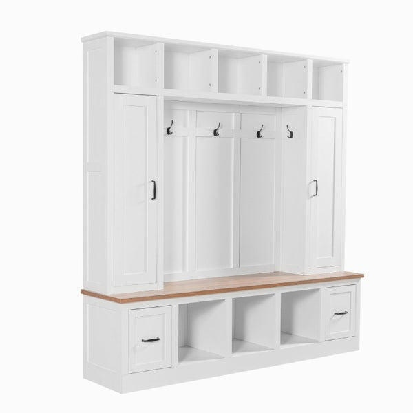 English Elm Vibe Haus Farmhouse Hall Tree with Bench Drawers Open Shelves and Coat Hooks White 72 inches N893S000029K