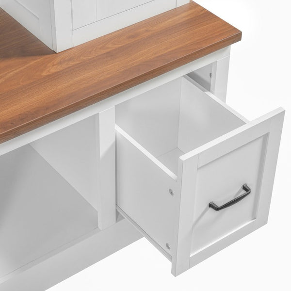 English Elm Vibe Haus Farmhouse Hall Tree with Bench Drawers Open Shelves and Coat Hooks White 72 inches N893S000029K