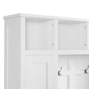 English Elm Vibe Haus Farmhouse Hall Tree with Bench Drawers Open Shelves and Coat Hooks White 72 inches N893S000029K