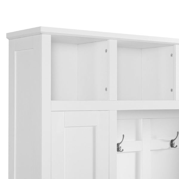 English Elm Vibe Haus Farmhouse Hall Tree with Bench Drawers Open Shelves and Coat Hooks White 72 inches N893S000029K