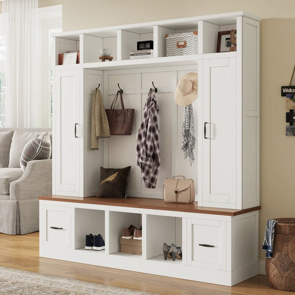 English Elm Vibe Haus Farmhouse Hall Tree with Bench Drawers Open Shelves and Coat Hooks White 72 inches N893S000029K