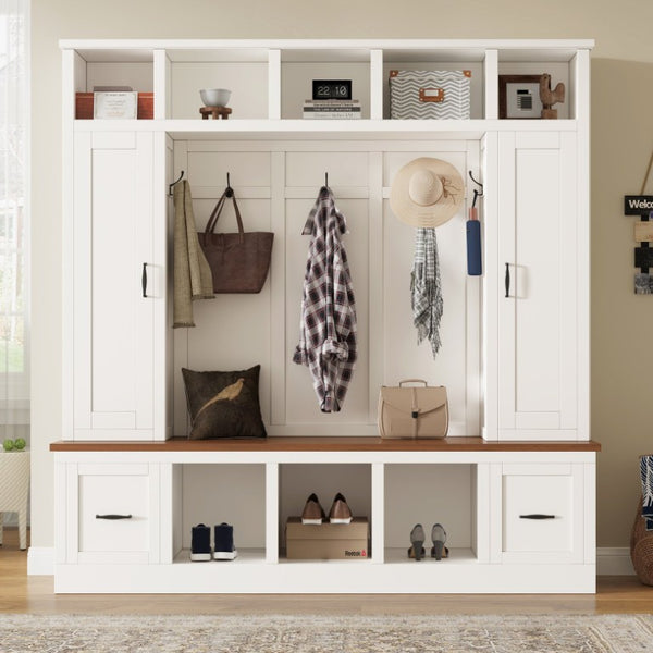 English Elm Vibe Haus Farmhouse Hall Tree with Bench Drawers Open Shelves and Coat Hooks White 72 inches N893S000029K