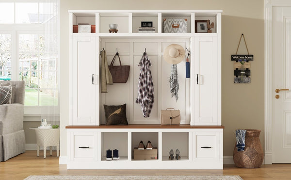 English Elm Vibe Haus Farmhouse Hall Tree with Bench Drawers Open Shelves and Coat Hooks White 72 inches N893S000029K