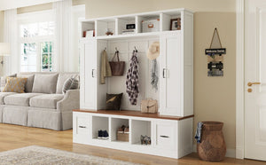 English Elm Vibe Haus Farmhouse Hall Tree with Bench Drawers Open Shelves and Coat Hooks White 72 inches N893S000029K