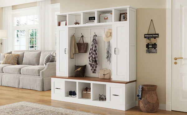 English Elm Vibe Haus Farmhouse Hall Tree with Bench Drawers Open Shelves and Coat Hooks White 72 inches N893S000029K