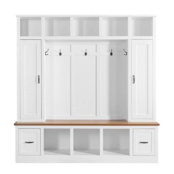 English Elm Vibe Haus Farmhouse Hall Tree with Bench Drawers Open Shelves and Coat Hooks White 72 inches N893S000029K