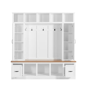 English Elm Vibe Haus Farmhouse Hall Tree with Bench Drawers Open Shelves and Coat Hooks White 72 inches N893S000029K