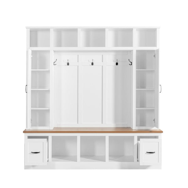English Elm Vibe Haus Farmhouse Hall Tree with Bench Drawers Open Shelves and Coat Hooks White 72 inches N893S000029K