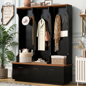 English Elm Vibe Haus Farmhouse Hall Tree with Bench Drawers Open Shelves and Coat Hooks Black 59.1 inches N893S000030B