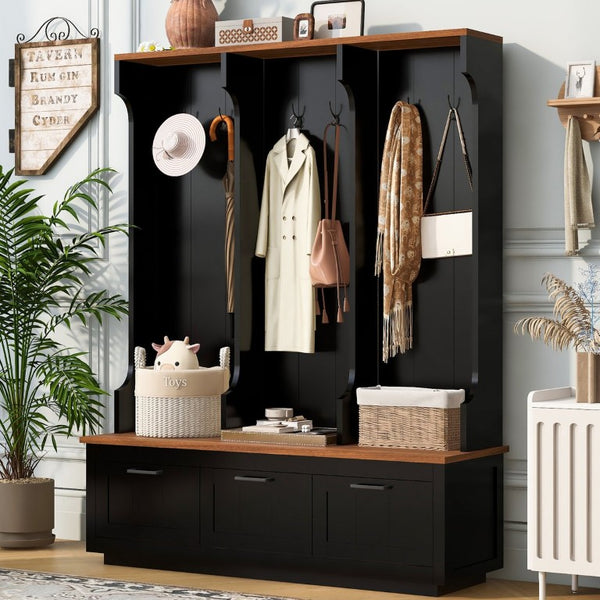 English Elm Vibe Haus Farmhouse Hall Tree with Bench Drawers Open Shelves and Coat Hooks Black 59.1 inches N893S000030B