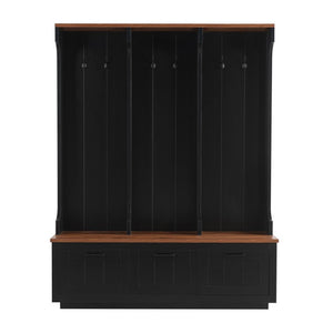 English Elm Vibe Haus Farmhouse Hall Tree with Bench Drawers Open Shelves and Coat Hooks Black 59.1 inches N893S000030B