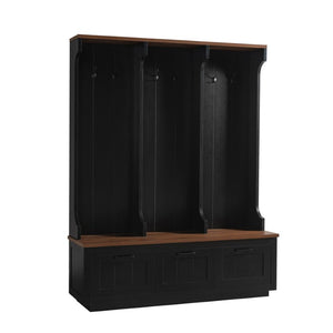 English Elm Vibe Haus Farmhouse Hall Tree with Bench Drawers Open Shelves and Coat Hooks Black 59.1 inches N893S000030B