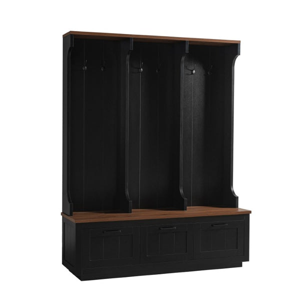 English Elm Vibe Haus Farmhouse Hall Tree with Bench Drawers Open Shelves and Coat Hooks Black 59.1 inches N893S000030B