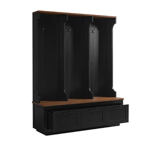 English Elm Vibe Haus Farmhouse Hall Tree with Bench Drawers Open Shelves and Coat Hooks Black 59.1 inches N893S000030B