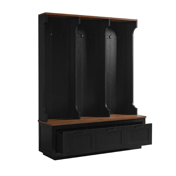 English Elm Vibe Haus Farmhouse Hall Tree with Bench Drawers Open Shelves and Coat Hooks Black 59.1 inches N893S000030B