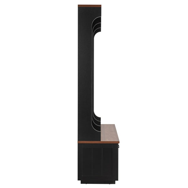English Elm Vibe Haus Farmhouse Hall Tree with Bench Drawers Open Shelves and Coat Hooks Black 59.1 inches N893S000030B