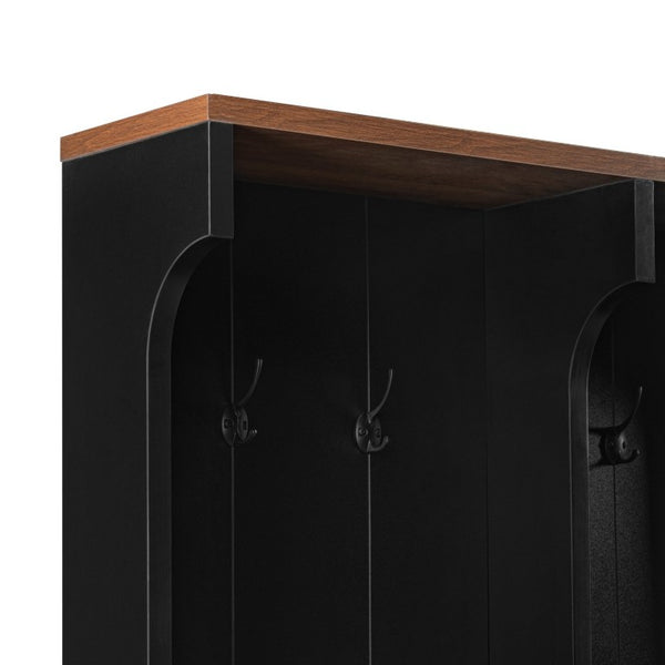 English Elm Vibe Haus Farmhouse Hall Tree with Bench Drawers Open Shelves and Coat Hooks Black 59.1 inches N893S000030B