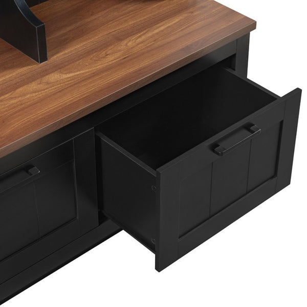 English Elm Vibe Haus Farmhouse Hall Tree with Bench Drawers Open Shelves and Coat Hooks Black 59.1 inches N893S000030B